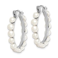 Sterling Silver Rhodium-plated 4-5mm White Button Freshwater Cultured Pearl Hoop Earrings view 2