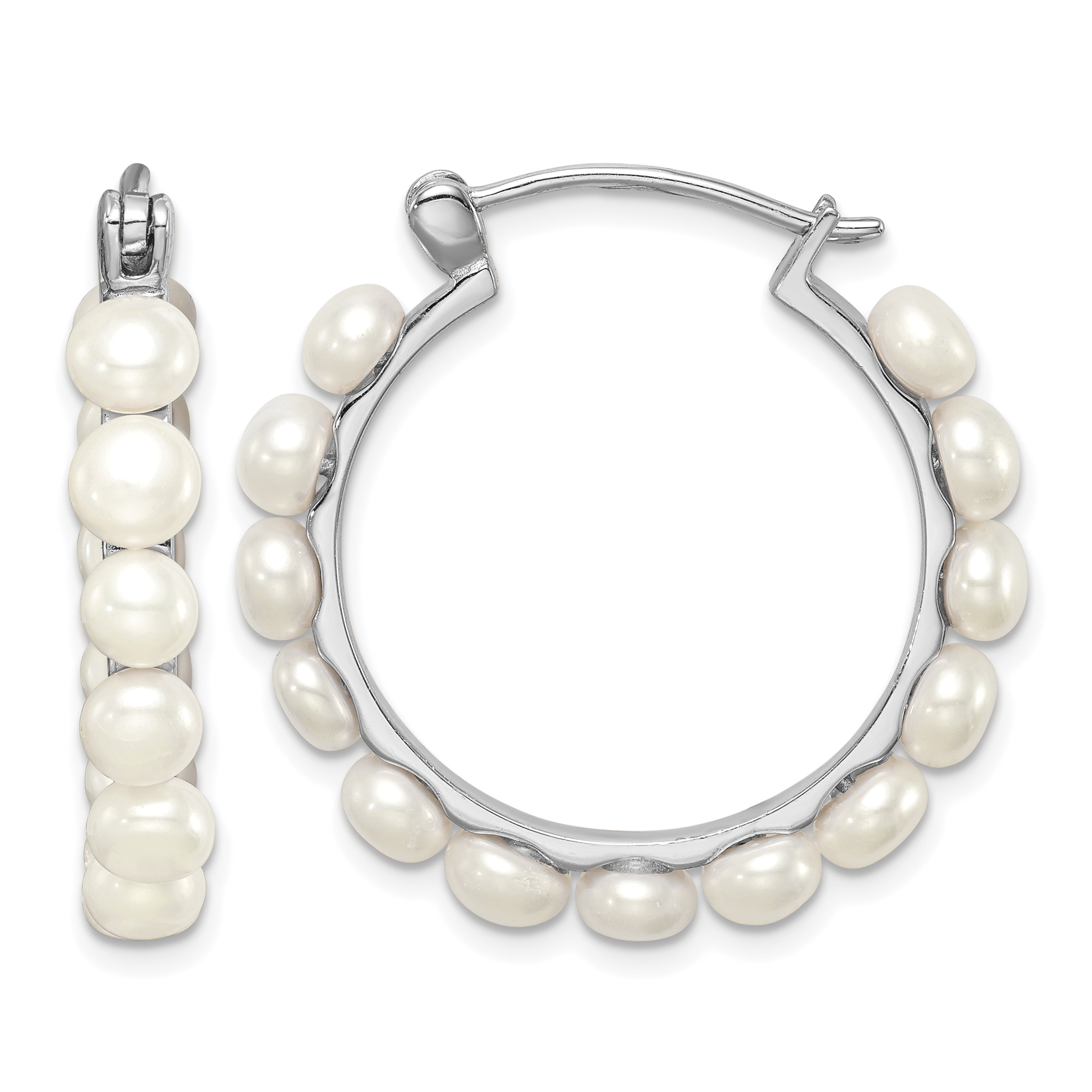 Sterling Silver Rhodium-plated 4-5mm White Button Freshwater Cultured Pearl Hoop Earrings (QE12753)