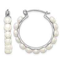 Sterling Silver Rhodium-plated 4-5mm White Button Freshwater Cultured Pearl Hoop Earrings view 1