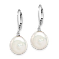 Sterling Silver Rhodium-plated 12-13mm White Coin Freshwater Cultured Pearl Leverback Dangle Earrings view 2