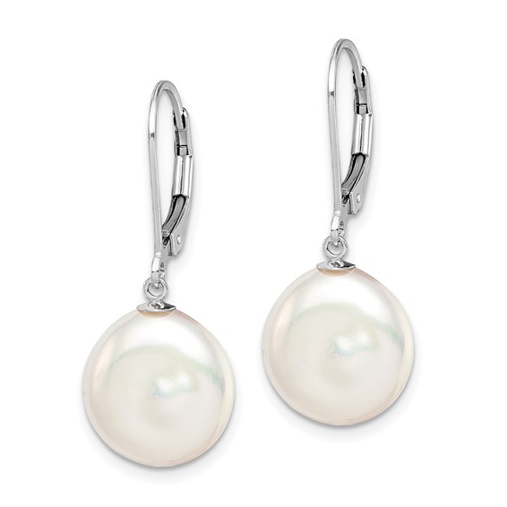 Sterling Silver Rhodium-plated 12-13mm White Coin Freshwater Cultured Pearl Leverback Dangle Earrings