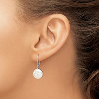 Sterling Silver Rhodium-plated 12-13mm White Coin Freshwater Cultured Pearl Leverback Dangle Earrings view 3