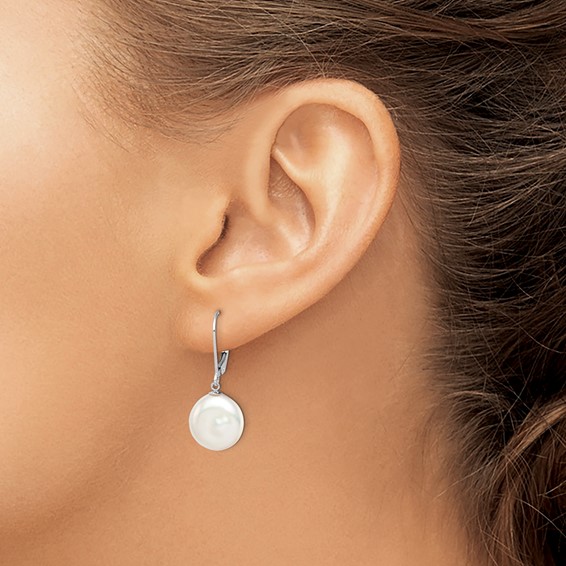 Sterling Silver Rhodium-plated 12-13mm White Coin Freshwater Cultured Pearl Leverback Dangle Earrings