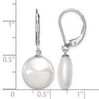 Sterling Silver Rhodium-plated 12-13mm White Coin Freshwater Cultured Pearl Leverback Dangle Earrings view 4