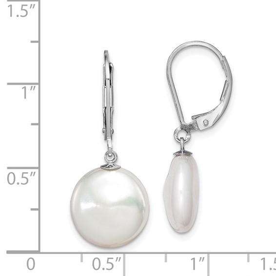 Sterling Silver Rhodium-plated 12-13mm White Coin Freshwater Cultured Pearl Leverback Dangle Earrings
