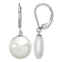 Sterling Silver Rhodium-plated 12-13mm White Coin Freshwater Cultured Pearl Leverback Dangle Earrings view 1