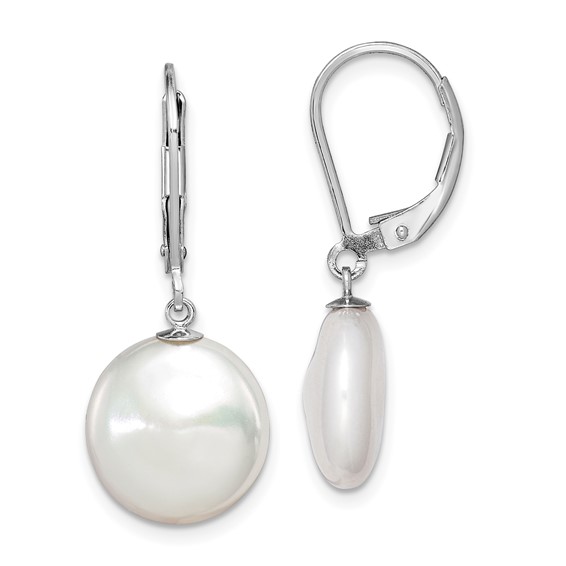 Sterling Silver Rhodium-plated 12-13mm White Coin Freshwater Cultured Pearl Leverback Dangle Earrings