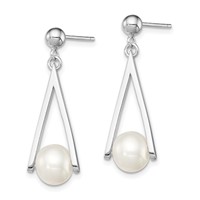 Sterling Silver Rhodium-plated 8-9mm White Semi-Round Freshwater Cultured Pearl Triangle Post Dangle Earrings view 2
