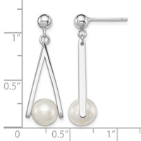 Sterling Silver Rhodium-plated 8-9mm White Semi-Round Freshwater Cultured Pearl Triangle Post Dangle Earrings view 4