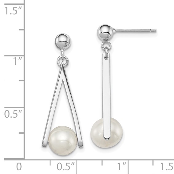 Sterling Silver Rhodium-plated 8-9mm White Semi-Round Freshwater Cultured Pearl Triangle Post Dangle Earrings