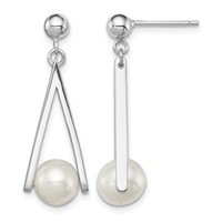 Sterling Silver Rhodium-plated 8-9mm White Semi-Round Freshwater Cultured Pearl Triangle Post Dangle Earrings view 1