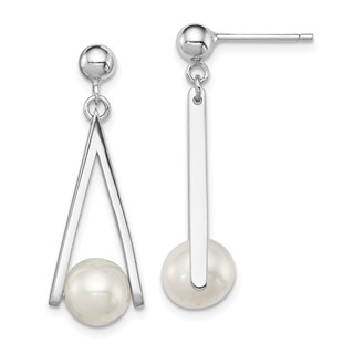 Sterling Silver Rhodium-plated 8-9mm White Semi-Round Freshwater Cultured Pearl Triangle Post Dangle Earrings
