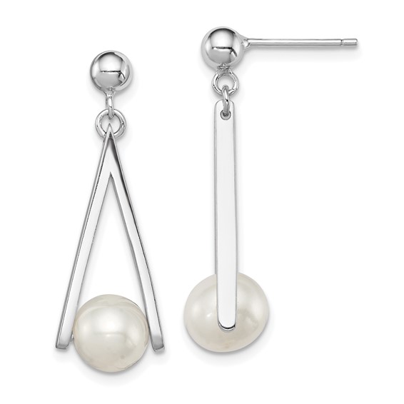 Sterling Silver Rhodium-plated 8-9mm White Semi-Round Freshwater Cultured Pearl Triangle Post Dangle Earrings