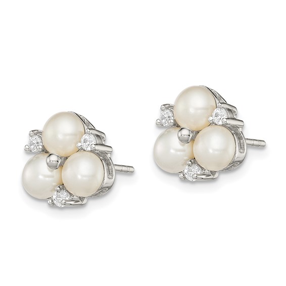 Sterling Silver Rhodium-plated 5-6mm White Button Freshwater Cultured 3-Pearl and CZ Post Earrings