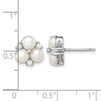 Sterling Silver Rhodium-plated 5-6mm White Button Freshwater Cultured 3-Pearl and CZ Post Earrings view 4