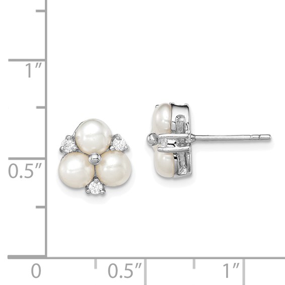 Sterling Silver Rhodium-plated 5-6mm White Button Freshwater Cultured 3-Pearl and CZ Post Earrings
