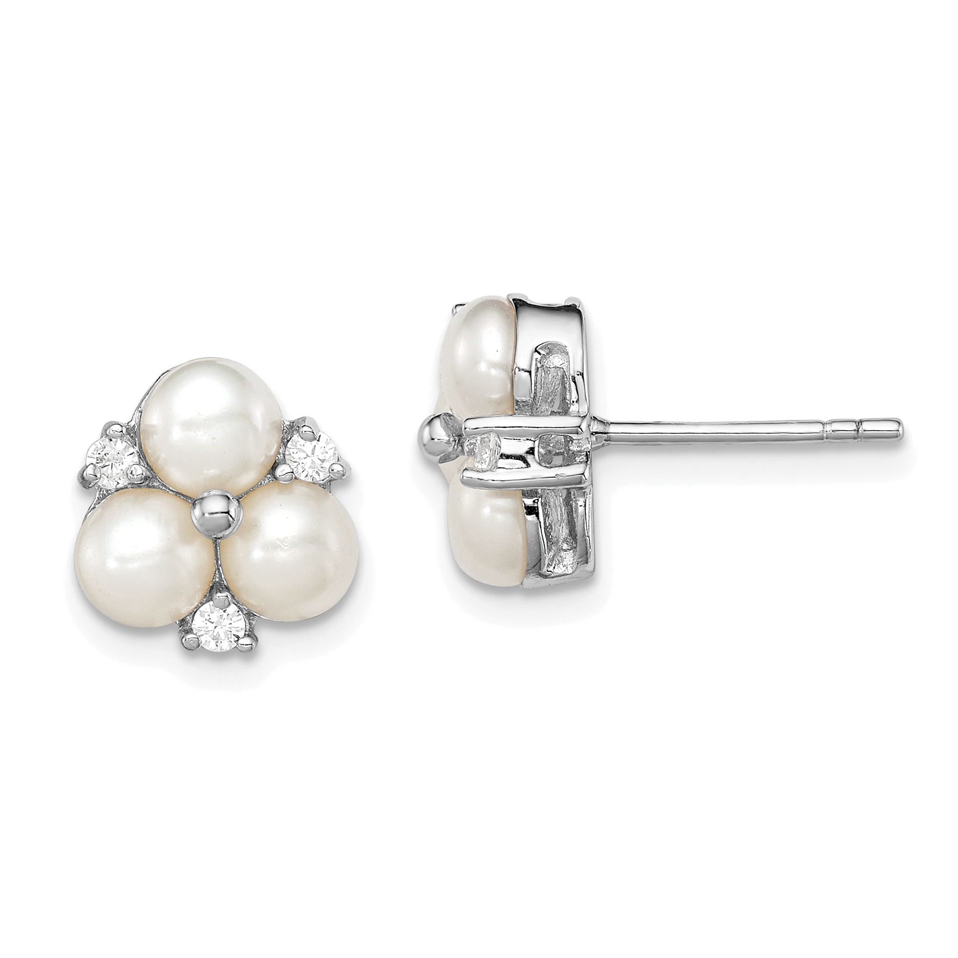 Sterling Silver Rhodium-plated 5-6mm White Button Freshwater Cultured 3-Pearl and CZ Post Earrings (QE12761)