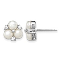 Sterling Silver Rhodium-plated 5-6mm White Button Freshwater Cultured 3-Pearl and CZ Post Earrings view 1