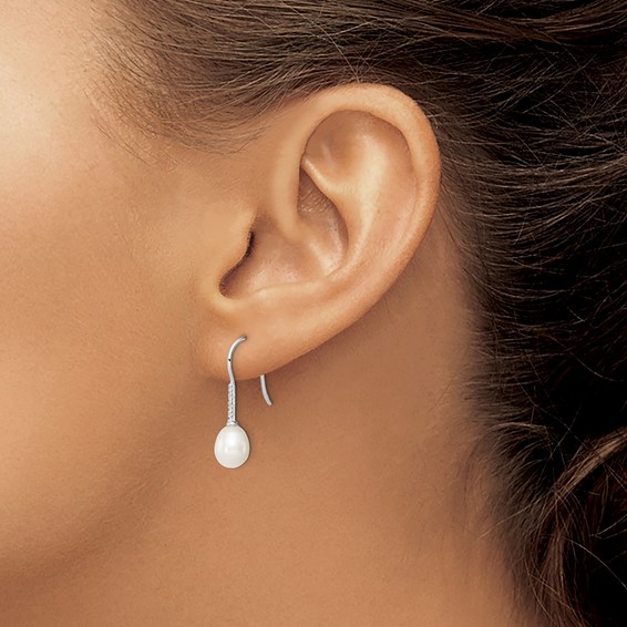 Sterling Silver Rhodium-plated 7-8mm White Teardrop Freshwater Cultured Pearl and CZ Dangle Earrings