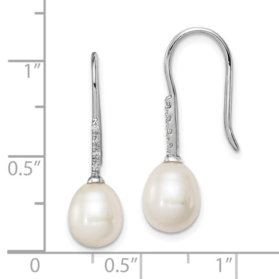 Sterling Silver Rhodium-plated 7-8mm White Teardrop Freshwater Cultured Pearl and CZ Dangle Earrings