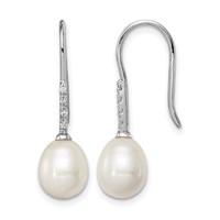 Sterling Silver Rhodium-plated 7-8mm White Teardrop Freshwater Cultured Pearl and CZ Dangle Earrings view 1