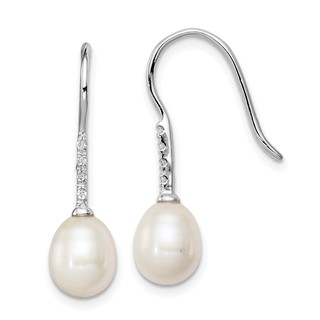 Sterling Silver Rhodium-plated 7-8mm White Teardrop Freshwater Cultured Pearl and CZ Dangle Earrings