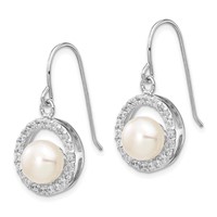 Sterling Silver Rhodium-plated 7-8mm White Button Freshwater Cultured Pearl and CZ Dangle French Hook Earrings view 2
