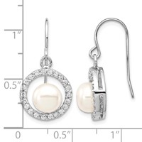 Sterling Silver Rhodium-plated 7-8mm White Button Freshwater Cultured Pearl and CZ Dangle French Hook Earrings view 4