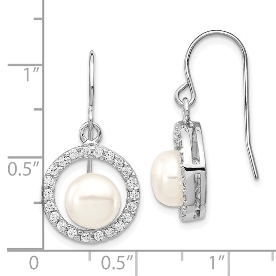 Sterling Silver Rhodium-plated 7-8mm White Button Freshwater Cultured Pearl and CZ Dangle Earrings