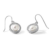 Sterling Silver Rhodium-plated 7-8mm White Button Freshwater Cultured Pearl and CZ Dangle French Hook Earrings view 5