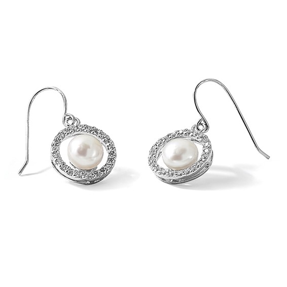Sterling Silver Rhodium-plated 7-8mm White Button Freshwater Cultured Pearl and CZ Dangle Earrings