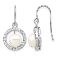 Sterling Silver Rhodium-plated 7-8mm White Button Freshwater Cultured Pearl and CZ Dangle French Hook Earrings view 1