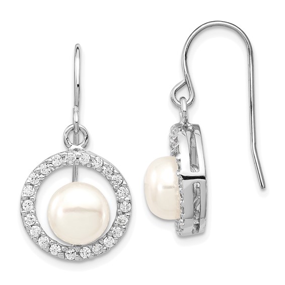 Sterling Silver Rhodium-plated 7-8mm White Button Freshwater Cultured Pearl and CZ Dangle Earrings