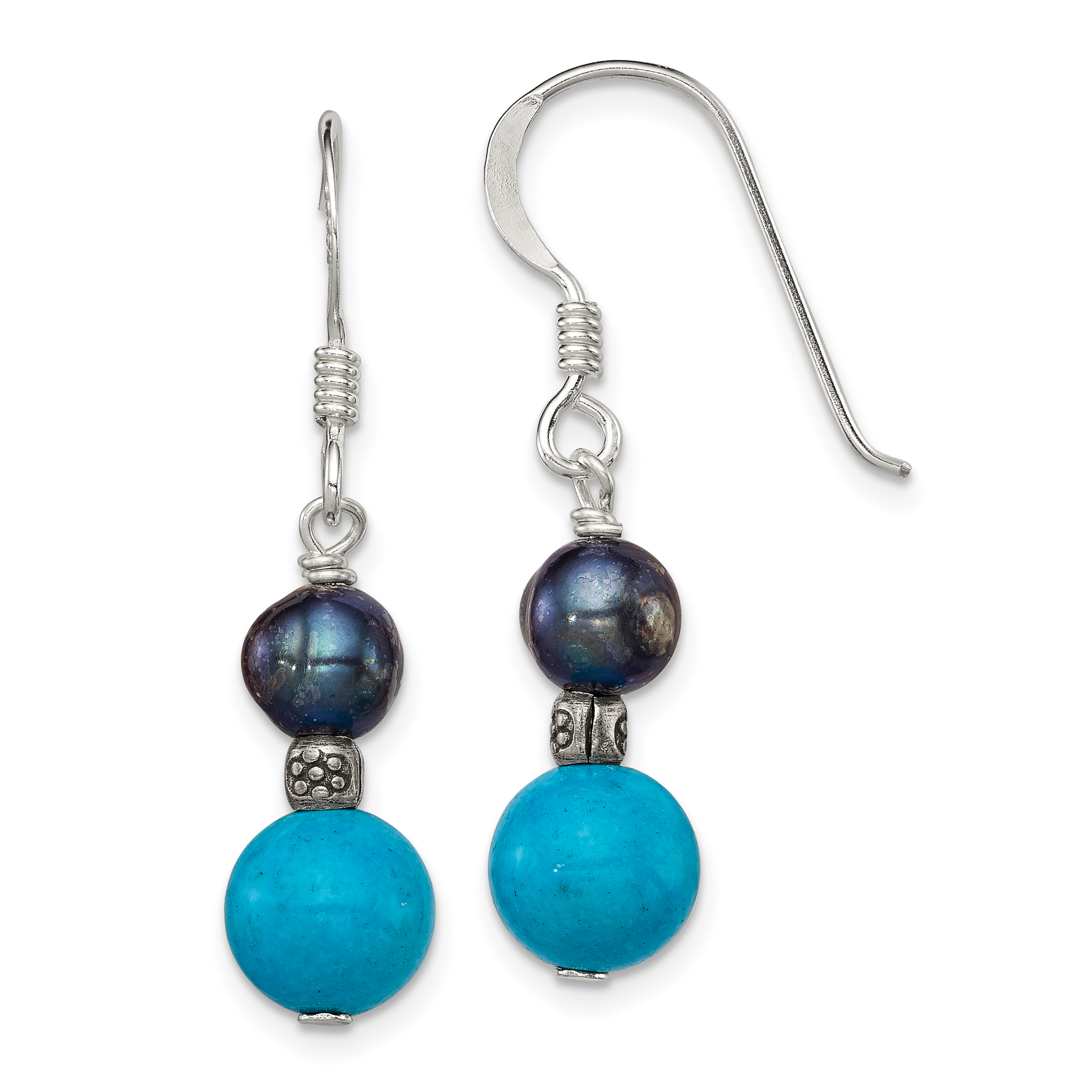 Sterling Silver Polished & Antiqued Black FWC Pearl & Turquoise w/ Flower Bead Dangle Earrings (QE1277)