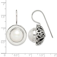Sterling Silver Polished & Antiqued Fancy Filigree White 12-13mm Freshwater Cultured Mabe Pearl Dangle Earrings view 4