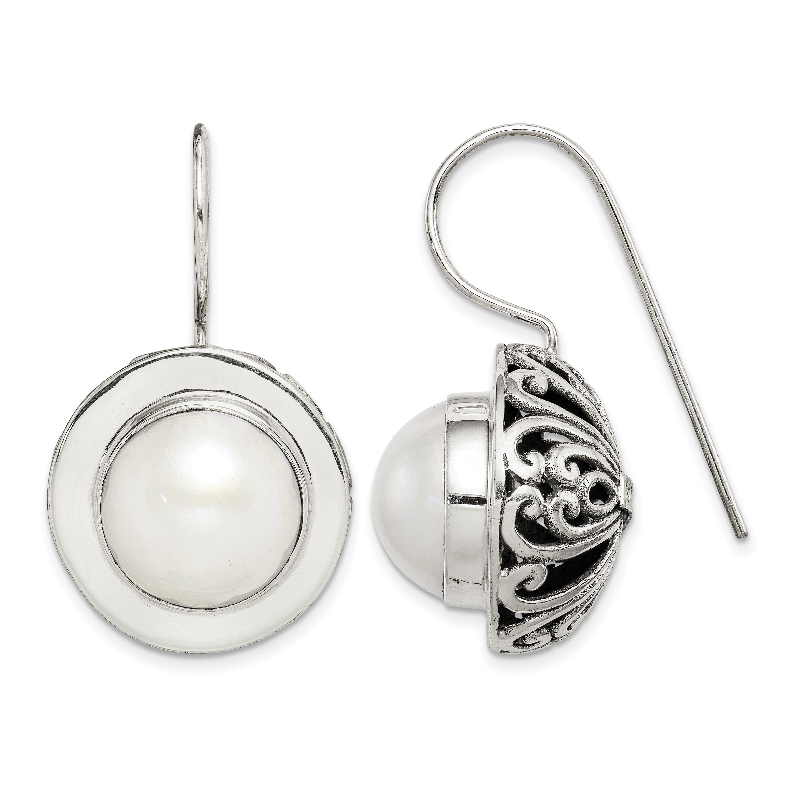 Sterling Silver Polished & Antiqued Fancy Filigree White 12-13mm Freshwater Cultured Mabe Pearl Dangle Earrings (QE12772)