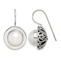 Sterling Silver Polished & Antiqued Fancy Filigree White 12-13mm Freshwater Cultured Mabe Pearl Dangle Earrings view 1