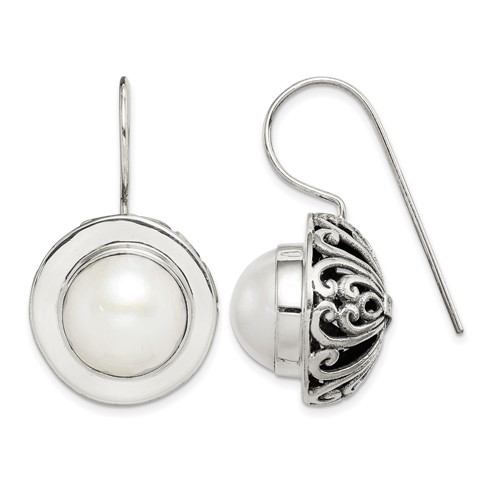 Sterling Silver Polished & Antiqued Fancy Filigree White 12-13mm Freshwater Cultured Mabe Pearl Dangle Earrings