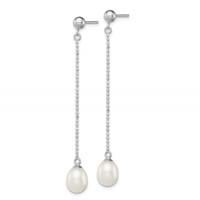 Sterling Silver Rhodium-plated 7-8mm White Rice Freshwater Cultured Pearl Post Dangle Earrings view 2
