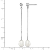 Sterling Silver Rhodium-plated 7-8mm White Rice Freshwater Cultured Pearl Post Dangle Earrings view 4