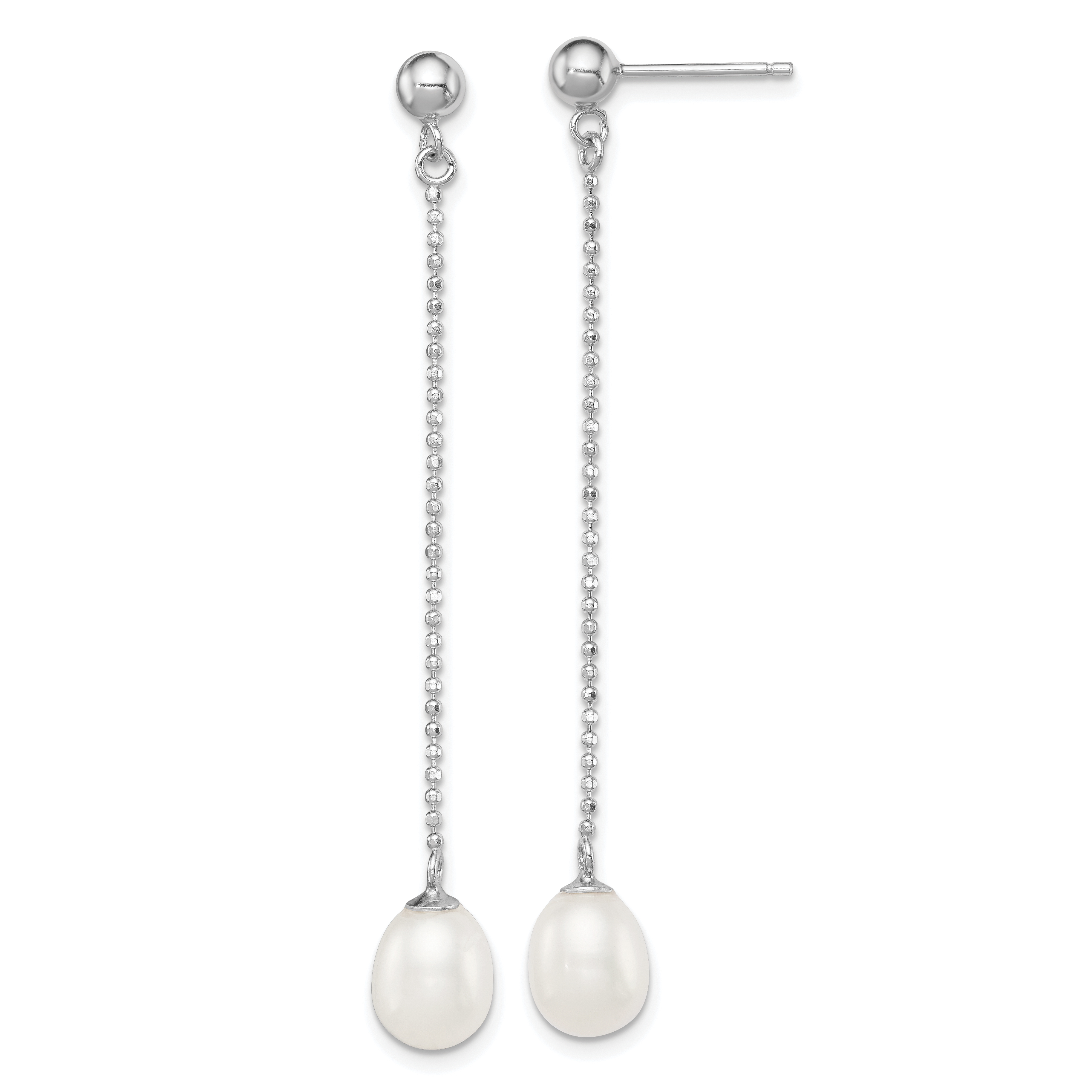 Sterling Silver Rhodium-plated 7-8mm White Rice Freshwater Cultured Pearl Post Dangle Earrings (QE12776)