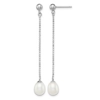 Sterling Silver Rhodium-plated 7-8mm White Rice Freshwater Cultured Pearl Post Dangle Earrings view 1