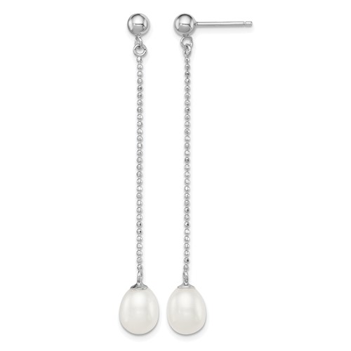 Sterling Silver Rhodium-plated 7-8mm White Rice Freshwater Cultured Pearl Post Dangle Earrings