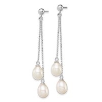 Sterling Silver Rhodium-plated 7-8mm White Rice Freshwater Cultured Pearl Post Dangle Earrings view 2