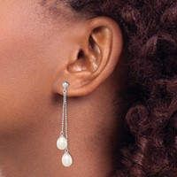 Sterling Silver Rhodium-plated 7-8mm White Rice Freshwater Cultured Pearl Post Dangle Earrings view 3