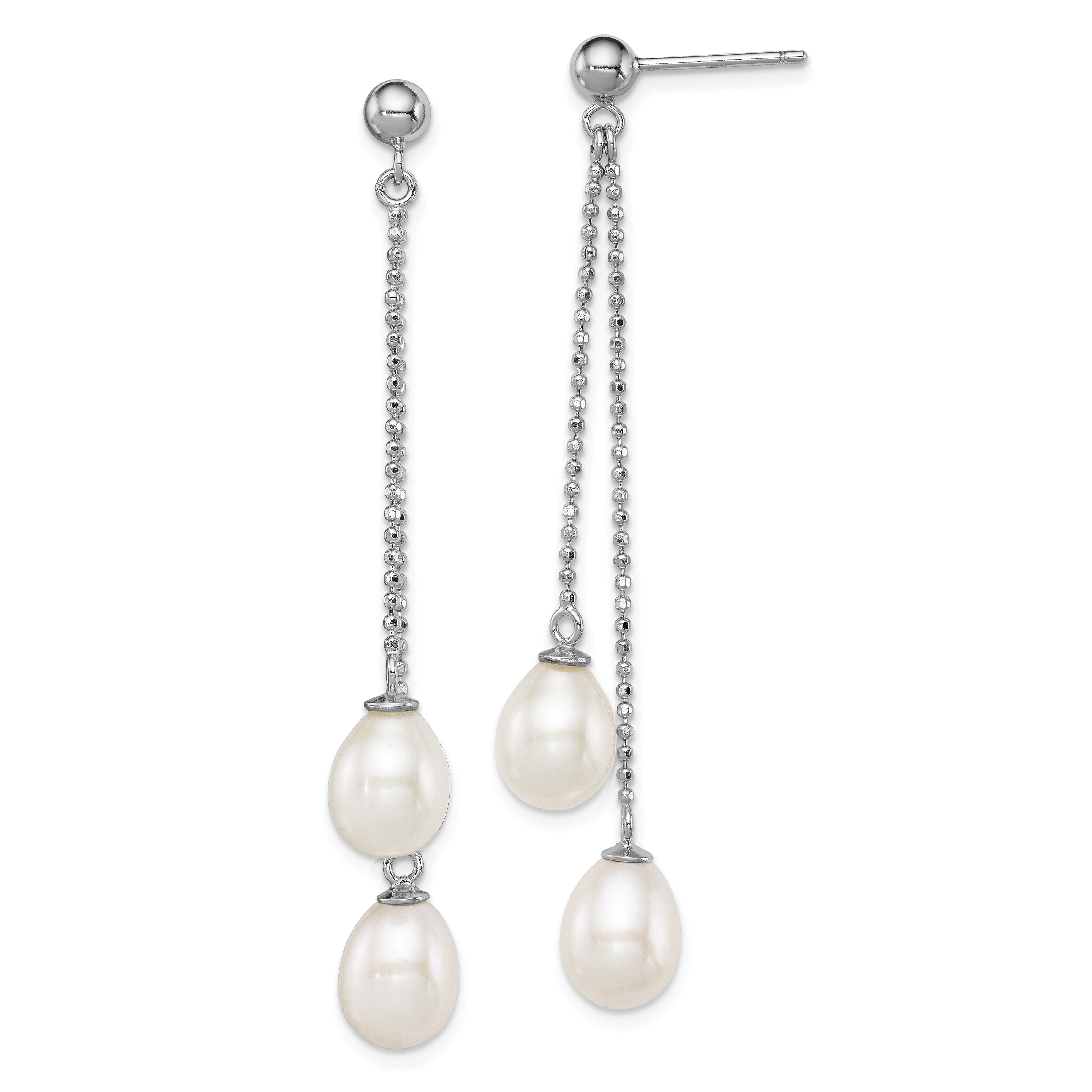 Sterling Silver Rhodium-plated 7-8mm White Rice Freshwater Cultured Pearl Post Dangle Earrings (QE12777)