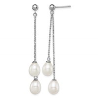 Sterling Silver Rhodium-plated 7-8mm White Rice Freshwater Cultured Pearl Post Dangle Earrings view 1