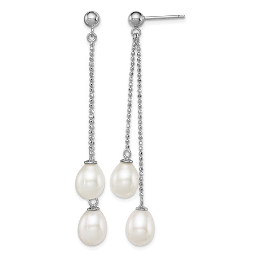Sterling Silver Rhodium-plated 7-8mm White Rice Freshwater Cultured Pearl Post Dangle Earrings