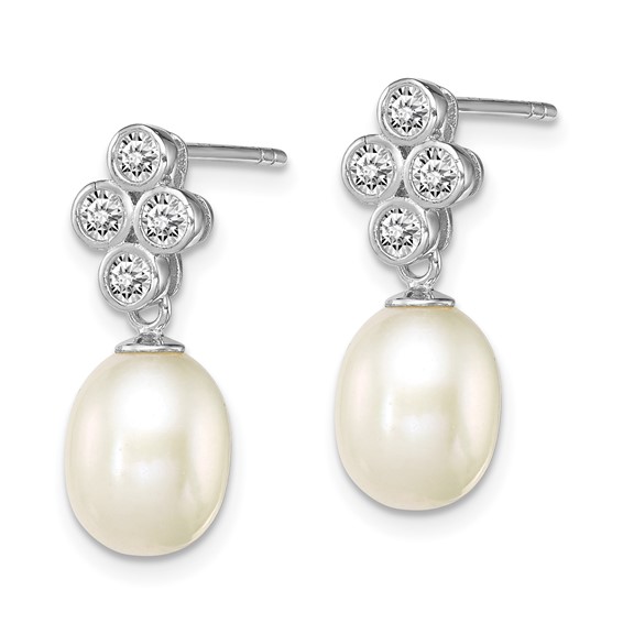 Sterling Silver Rhodium-plated 7-8mm White Rice Freshwater Cultured Pearl and CZ Post Dangle Earrings