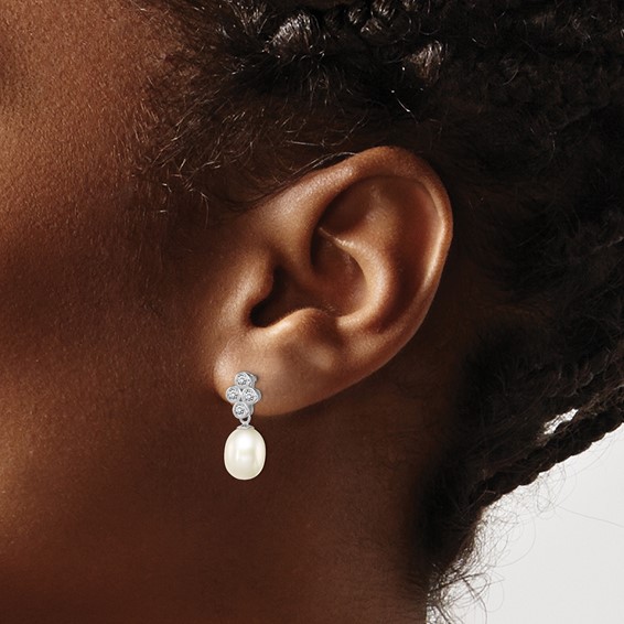 Sterling Silver Rhodium-plated 7-8mm White Rice Freshwater Cultured Pearl and CZ Post Dangle Earrings